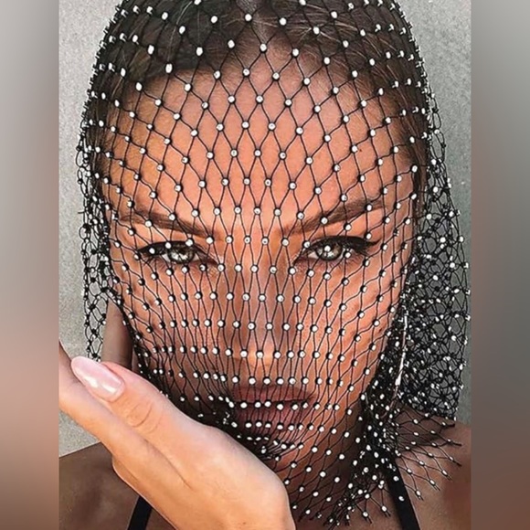 New Unique Black Mesh Face Mask / Headpiece Crystal Body Jewelry - Picture 2 of 16